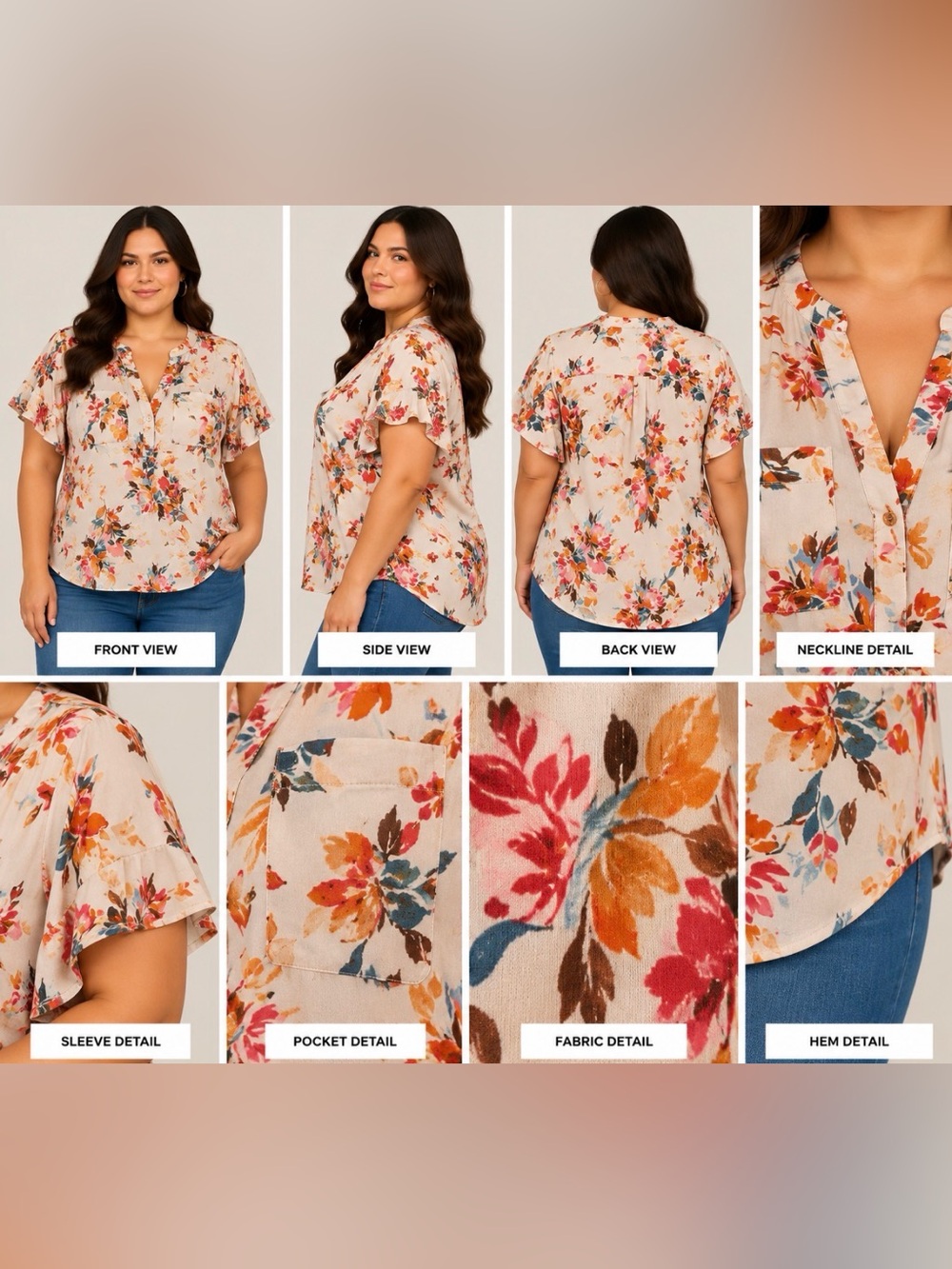 torrid Cream Floral Split-Neck Short Sleeve Blouse with Orange & Teal Accents